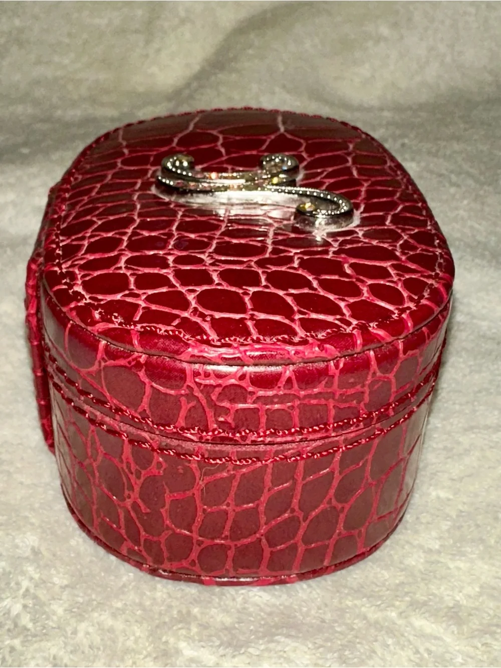 Vintage Y2K Red Croc Travel Jewelry Box Rhinestone Initial K Oval Mini Case